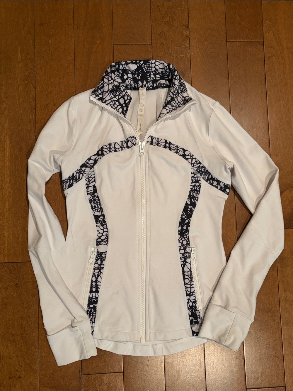 lululemon athletica White Zip-Up Jacket with Black Patterned Trim
